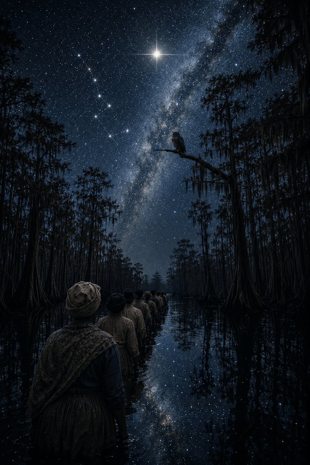 The North Star card artwork: a line of people beneath a star-filled sky in the wetlands